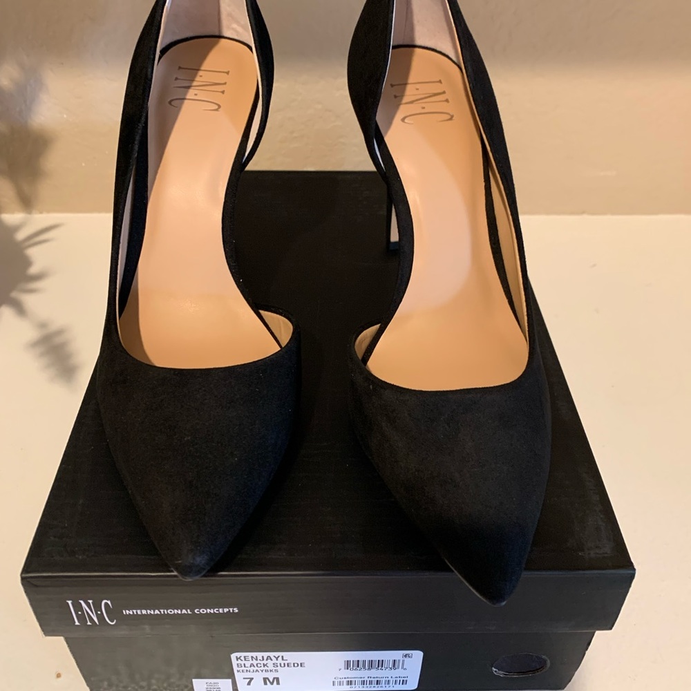 INC brand black suede pumps